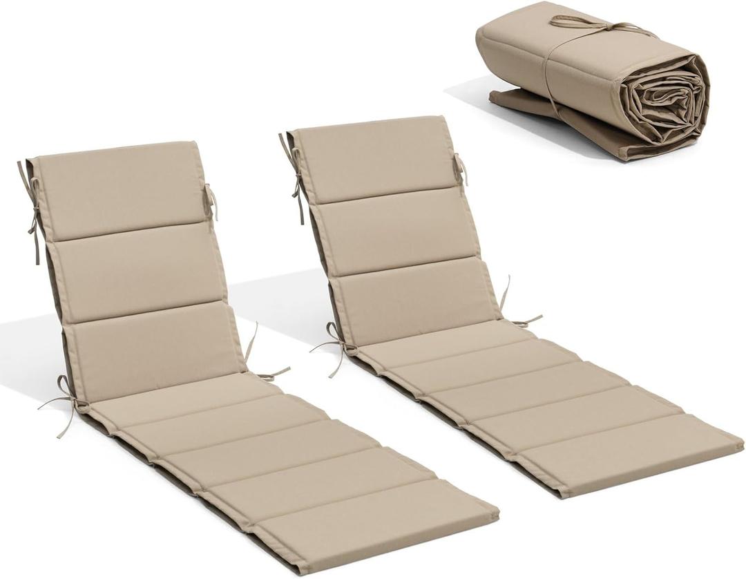 Crestlive Products Chaise Lounge Cushion Outdoor Set of 2 72''Lx21''W, Waterproof Foldable Patio Lounge Chair Cushions with Straps, Lounger Cushions for Outdoor Furniture, Lawn, Pool, (Beige)