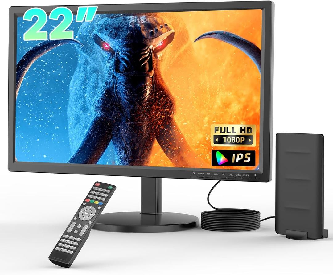22 inch TV, Portable TV with Upgraded Antenna, HDMI/USB/AV Input | 2 in 1 Stand, Small Television for Kitchen, Home, Cars, RV, Office