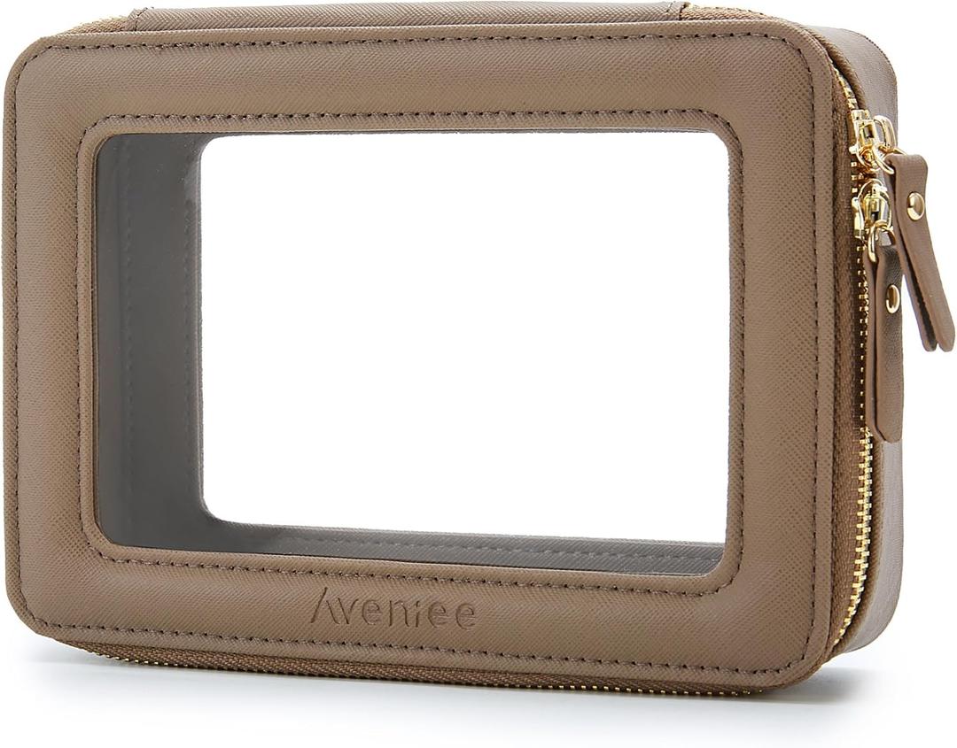 Aveniee Clear Makeup Bag for Women, Small Toiletry Travel Bag with Zipper, Portable Cosmetic Organizer Pouch for Skincare, Car Organizer Storage Bag for Essentials, Taupe,Medium Classic