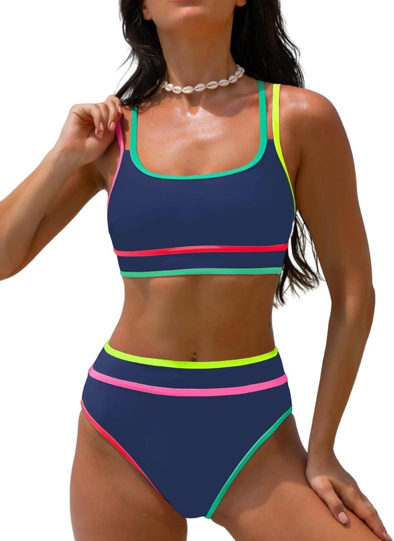 popvil Women's High Waisted Bikini Sets Neon Two Piece 2026 Swimsuit Sporty Adjustable Straps Bathing Suit (Medium, Blue2)