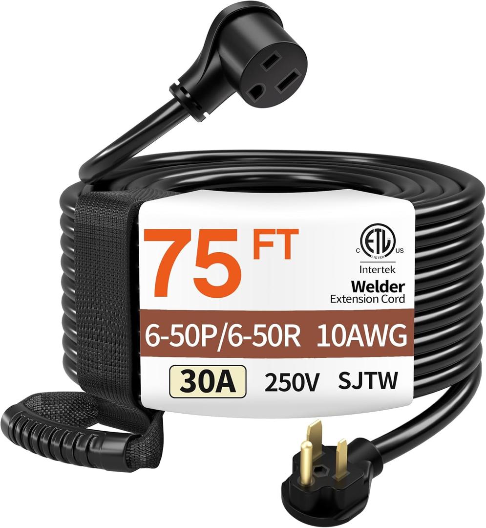 75FT 30 Amp 10 Gauge 3 Prong Welder Extension Cord, NEMA 6-50P to NEMA 6-50R, Heavy Duty 250V Welding Extension Cable for Lincoln, Plasma, Miller, SJTW, ETL Listed