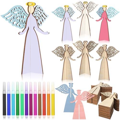 Huwena 72 Pcs Christmas Angel Craft Kit 48 Wood 3D Angel Cutouts with 24 Colored Markers Wooden Unfinished Slices to Paint for Xmas Winter DIY Handmade Tiered Tray Decor