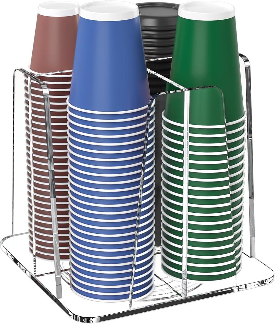 Coffee Cup Organizer for Countertop - Rotating Plastic Cup Holder 4 Compartments Clear Acrylic Cup and Lid Holder for Coffee Bar Restaurant Breakroom Disposable Paper Coffee Cup Dispenser