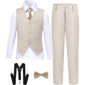 Boy's Formal Suit 7 Piece Slim Fit Tuxedo for Kids Teen Boys Jacket Vest and Pants Set for Wedding with Bow Tie Suspenders, 12Y