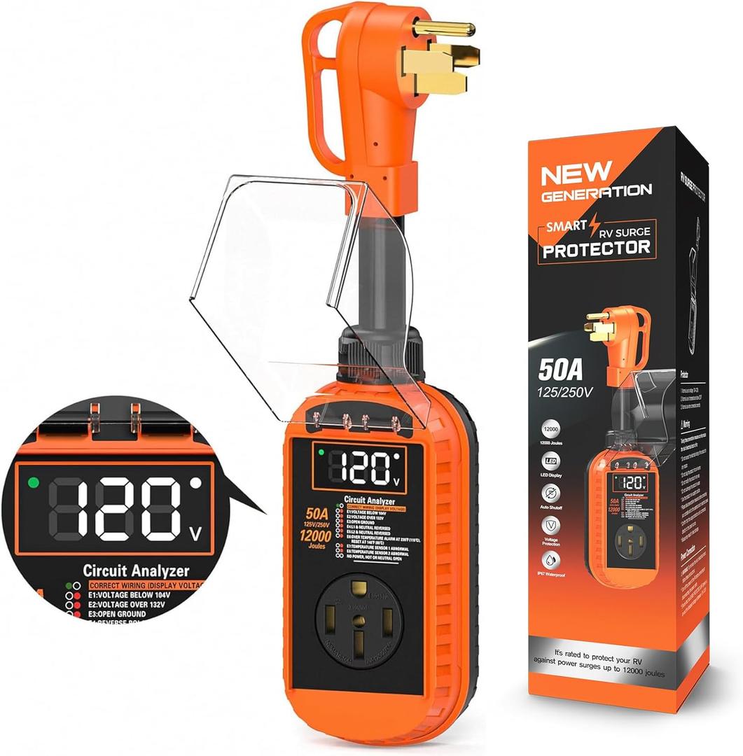 Smart 50 Amp RV Surge Protector with Auto Shutoff & Reset, 12,000J RV Surge Protector 50 Amp with LED Display, Voltage & Temperature Protection, IP67 Waterproof