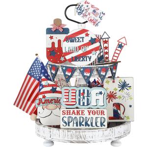 Weysat 4th of July Memorial Day Tiered Tray Decor Wooden Patriotic Decorations Independence Daytiered Tray Decor Red Blue White Wood Sign Letter Sign for Home Table(Cute)