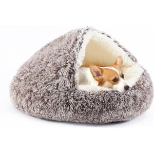 Dog Bed Round Hooded Plush Cat Cave Self Warming Pet Bed Donut Anti Anxiety Fluffy Pet Bed for Puppy and Kitty (Small 19.6'', Gradual brown)