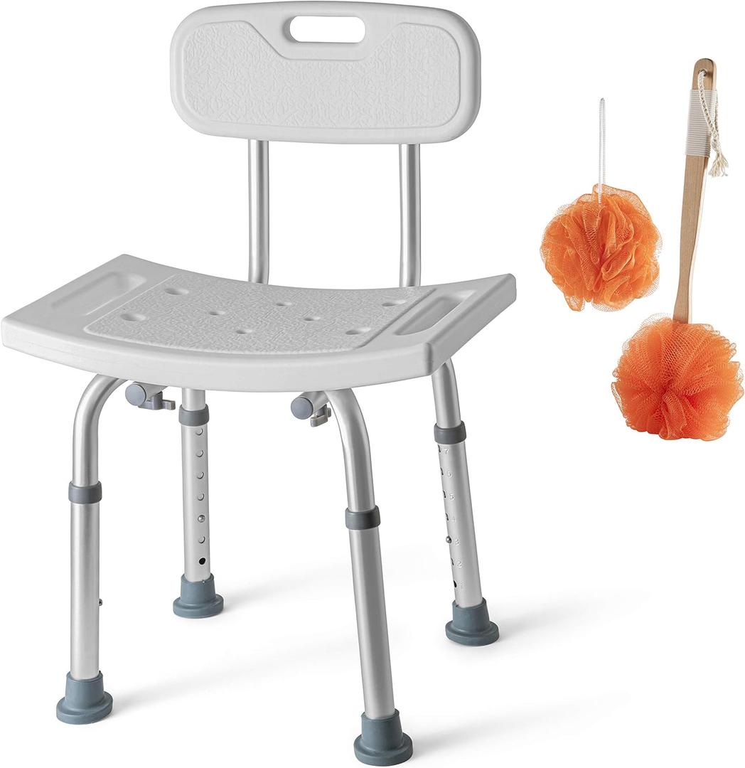 Medical king Shower Chair Set of 3 - Includes Back Scrubber & Additional Sponge - Anti Slip for Safety, with 8 Adjustable Heights Portable - Tool Free Shower Chair - Bath Chair for Elderly