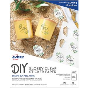 Avery Printable Sticker Paper, 8.5" x 11", Glossy Clear, Permanent Adhesive, Laser/Inkjet Compatible, 7 Full-Size Label Sheets, Great for Product Branding, Cute Stickers, Custom Signs, and More (4397)