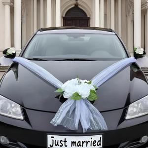 Wedding Car Decorations Kit with White Artificial Flowers, Satin Ribbon Bows, Just Married Hood Garland, Bride and Groom Vehicle Decor for SUV Truck Outdoor Wedding Party Bonnet Bouquet