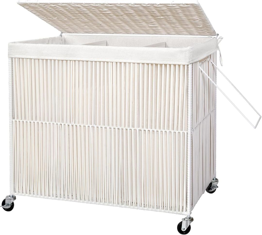 WOWLIVE Laundry Hamper with Wheels, 160L Handwoven Rolling Laundry Basket 3 Section with Lid, Clothes Hamper with 3 Removable Liner Bags, Large Laundry Sorter Laundry Room Organization, Creamy White, 150l