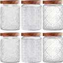 Vintage Glass Jars with Wooden Lids, 6 Pack 24 oz Airtight Glass Food Storage Containers Sets for the Kitchen, Sugar Coffee Candy Spice Cookie Tea Pasta ((24oz)Daisy*2 & Stars*2 & carving*2)