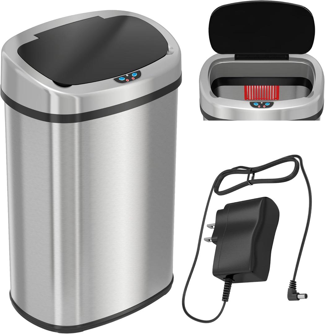 SensorCan 13 Gallon Stainless Steel Oval Kitchen Trash Can with Sensor 2.0 and AC Adapter  Next Gen Touchless Lid, AbsorbX Odor Filter, Automatic Garbage Bin for Home, Office, or Business