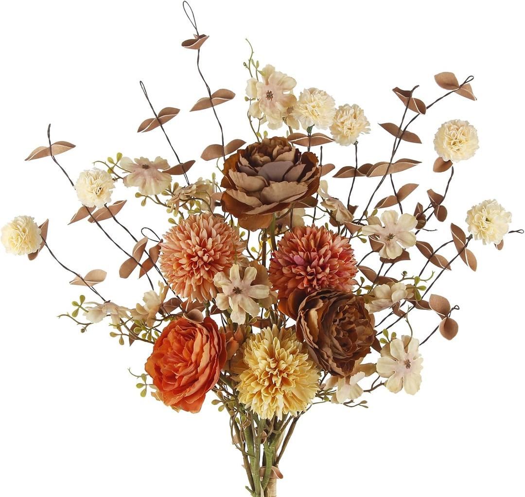 CISDUEO 2 Pcs Artificial Fall Flowers Bouquets Fall Fake Flowers Silk Roses Wildflowers Marigolds Autumn Flower Arrangement Fall Floral Stems for Bridal Thanksgiving Party Table Centerpiece Home Decor