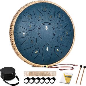 HOPWELL Steel Tongue Drum - 15 Note 12 Inch Tongue Drums - Percussion Instruments - Hand Pan Drum with Music Book, Drum Mallets and Carry Bag, D Major, Navy Blue