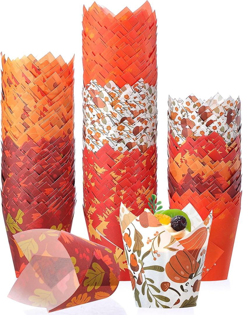 500 Counts Thanksgiving Tulip Cupcake Liners Birthday Party Muffin Cupcake Baking Liners Grease Proof Cake Liner Holders for Fall Christmas Halloween Birthday Party(Leaf)