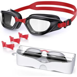Swim Goggles, Unisex Adult Swimming Goggles Anti Fog Anti UV No Leakage Wide View for Men Women Youth (Black Red/Clear)