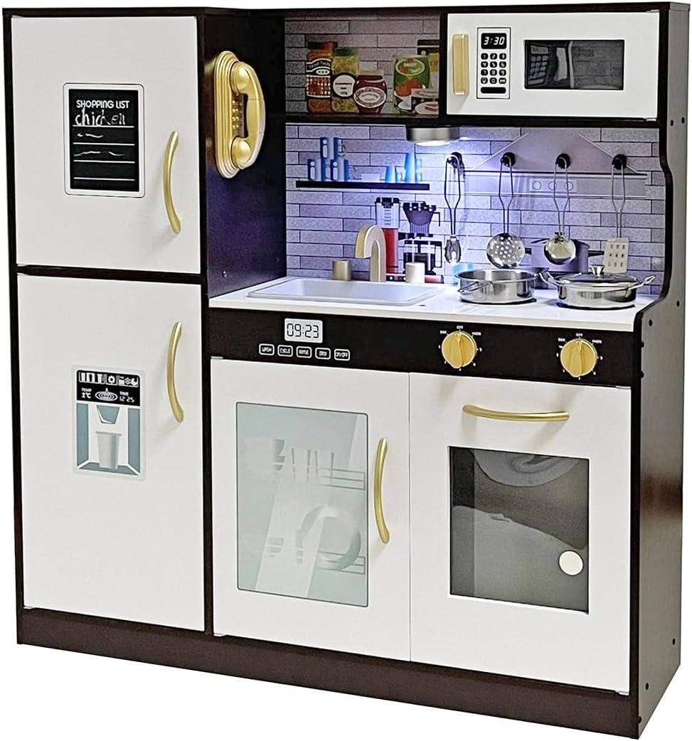 Wooden Play Kitchen Toy Set with Light, Kids Children Pretend Toy Kitchen Playset with Sink Play Toy,Oven Microwave,Toddler Cooking Set Toy for Ages 3+ Baby Girls Boys (Espresso)