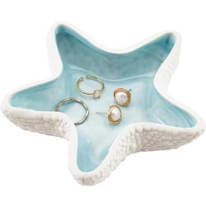 NBEADS Starfish Shape Ceramic Jewelry Tray, Aqua Shell Trinket Dish Ceramic Ring Earring Holder Ocean-themed Decorative Trinket Plate for Rings Earrings Necklaces Bracelet Jewelry Watch Keys (Blue&White-Starfish)