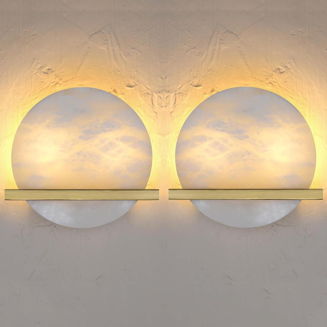 2 Pack 2 Light 10" Naturel Alabaster Marble Bathroom Wall Sconce Modern Concise Style Wall Light Fixture,Gold Finish for Dining Room Bedroom Hallway Bedside