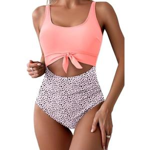 Eomenie Women's One Piece Swimsuit Tummy Control Slimming Bathing Suit Cutout Tie Knot Swimwear, Light Pink Print