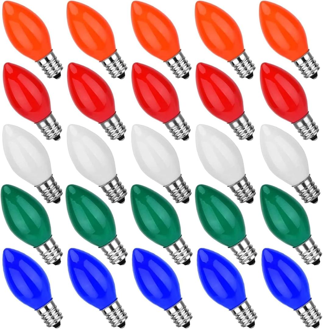 C7 Ceramic Christmas Replacement Bulbs, 25 Pack Multicolor Light Bulbs for E12 Candelabra Base Outdoor Christmas String Lights, 5 Watts