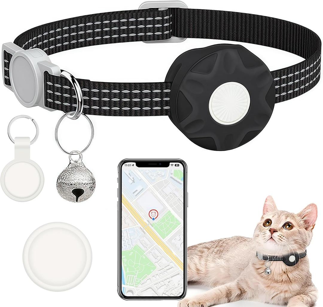 Cat Tracker Collar, Real-Time Tracking Device for Cats, Long Battery Life, Works with iOS & Android SmartTag App, with Reflective Pattern & Bell, No Monthly Fee, Black