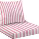 Outdoor Deep Seat Cushion Set 24 x 24 Inch, Pink White Striped Waterproof Patio Furniture Lounge Chair Cushions for Wicker Seat Sofa Couch (Multi11)