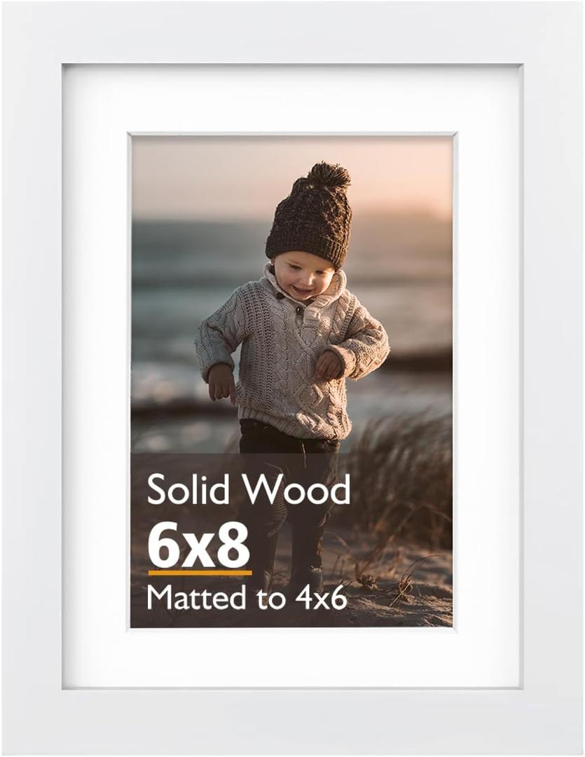 KINLINK 6x8 Picture Frame, White Solid Wood Frame with Acrylic Plexiglass for Pictures 4x6 with Mat or 6x8 without Mat, Tabletop and Wall Mounting Display Photo Frame 1 Pack