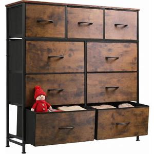 WLIVE 9 Drawer Dresser, Fabric Storage Tower for Bedroom, Hallway, Closet, Tall Chest Organizer Unit for Bedroom with Fabric Bins, Steel Frame, Wood Top, Easy Pull Handle, Black and Rustic Brown