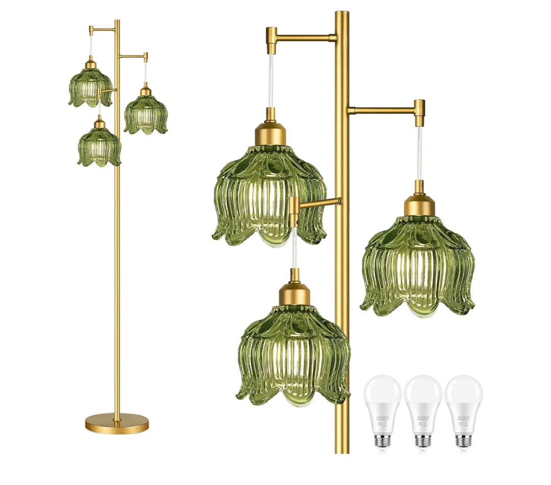 Glass Floor Lamp for Living Room,Bedroom,Gold Mid Century Modern Standing Lamp Brass Tree 3 Light Tall Floor Lamps Vintage Retro Floor Lights Green Flower Lamp Shade Farmhouse Boho Bohemian, 18-Floor Lamp
