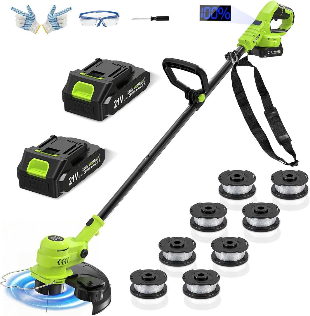 VOERJIA 21V Cordless Weed Eater & String Trimmer, Lightweight 2-in-1 Electric Weed Wacker, Wheeled Edger with 2X 2.0Ah Batteries & Charger, 12-inch Auto Line Feed, 90° Adjustable Head & 8 Spools