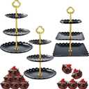 Honeydak 3 Sets of 3 Tier Serving Tray 3 Tiered Dessert Stand Wedding Cupcake Stand PP Plastic Cupcake Holder Dessert Tray Cake Fruit Candy Table Display Set for Birthday(Black)