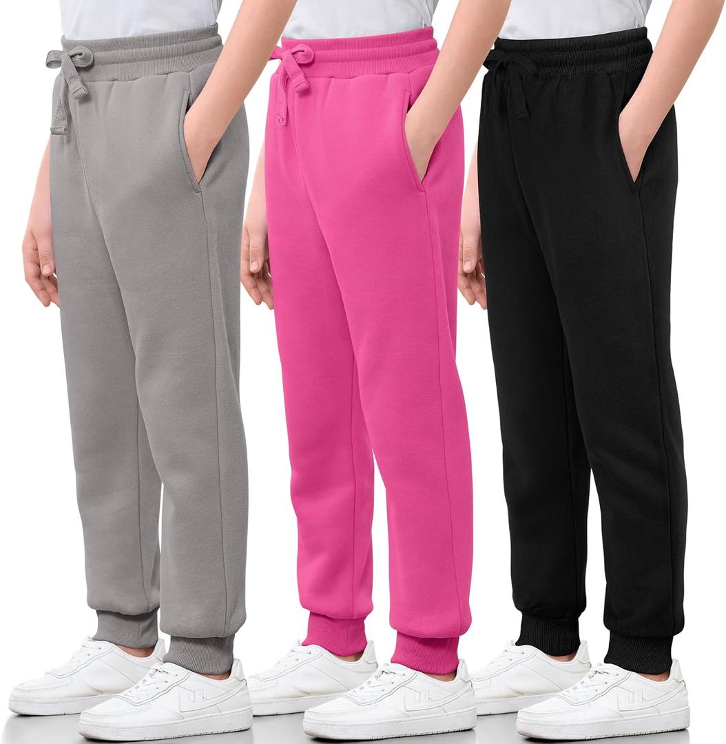 3 Pack Girls Sweatpants Cotton Fleece Girls Active Joggers Soft Athletic Sweat Pants for Kids Youth with Pocket Drawstring (X-Small, Hot Pink, Gray, Black)