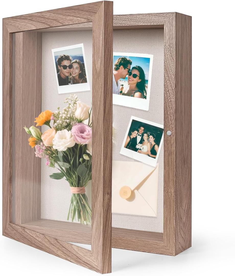 HOUSE DAY 11x14 Shadow Box Frame, Front Open Magnetic Shadow Boxes Display Cases with Linen Back, Pins, for Photos or 3D Itmes Under 9x12, Tabletop or Wall Mount Display Case for Memorabilia, Walnut