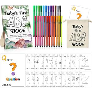 Geelin 51 Pcs Fun Baby Shower Coloring Kit First Abc Book Sign Guest Book Alternative 26 Alphabet a to Z Coloring Card with 24 Watercolor Storage Bag for Party Activities Decorations(Dinosaur)