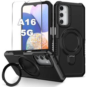 for Samsung Galaxy A16 5G Phone Case 2024 with Screen Protector, 360 Rotating Stand Heavy Protection Cover for Galaxy A 16 Phone, Black
