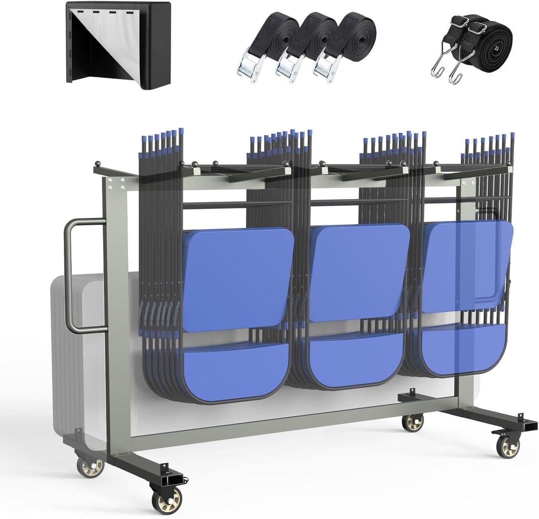 Grey Folding Chair and Table Cart-400LBS Weight Capacity Folding Chair Dolly with 4In Swivel Wheels Make Storing and Transporting Chairs Easy Chair Storage Rack with Straps and Cover to Space Saving