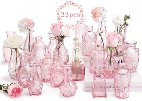 BEAHOT 22 Pack Pink Flower Vase in Bulk,Mini Vintage Glass Bud Vases for Centerpieces,Wedding Decor,Party & Home Decaration,Mother's Day (Pink)