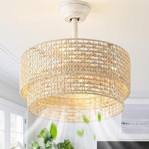 20" Boho Ceiling Fans with Lights, Rattan Fandelier Chandelier Ceiling Fan with Light Remote Control, Caged with 6 Speeds for Bedroom, Nursery (Gold)