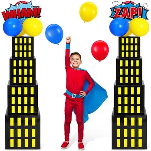 Leitee 40 Pcs Hero Theme Party Decoration, Hero Theme Party Favor Boxes with Balloons and Cutouts, Skyscraper Centerpiece Boxes City Skyline Buildings Photography Backdrop for Birthday Decor(Yellow)