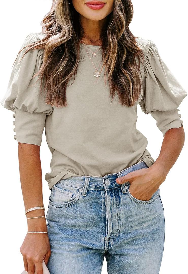 SimpleFun Women's Puff Sleeve Tops Summer Crewneck Loose Casual Blouse Shirts (Medium, New-beige)