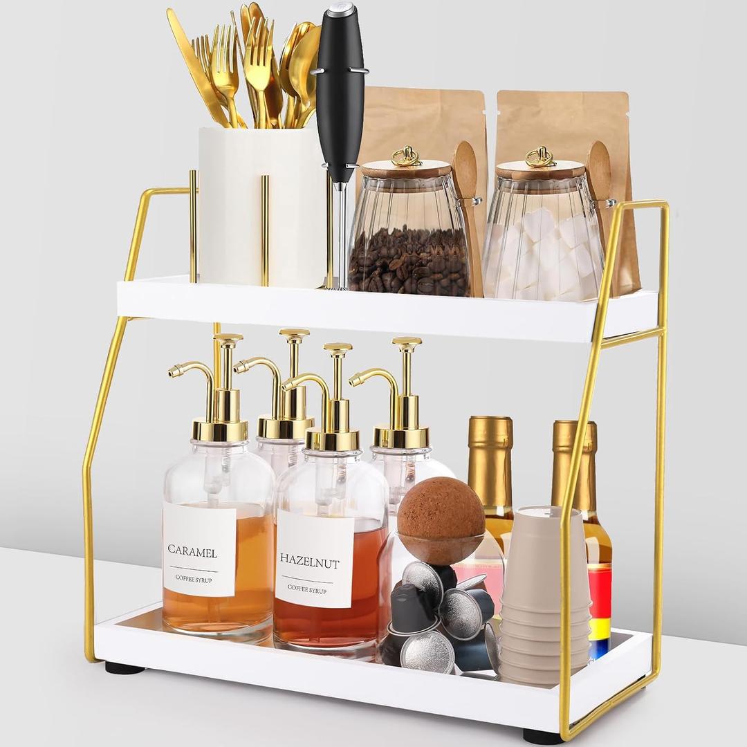 DWTS Coffee Bar Accessories,Coffee Station Organizer with Multi-Functional,CoffeeBar Decor for Accessories,2 Tier Wooden Shelf Gold Metal Station Organizer for Countertop,Syrup, 14.2 inches x 7.1 inches x 13.4 inches (EXP 03/06/27)