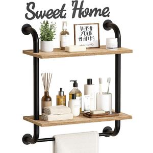 Tinpin Bathroom Shelves Wall Mounted, Rustic Farmhouse Pipe Shelves, 2-Tier, Industrial Shelving Over Toilet, Floating Shelf Decor for Bathroom, Kitchen, Bedroom, Living Room 17.3 inch