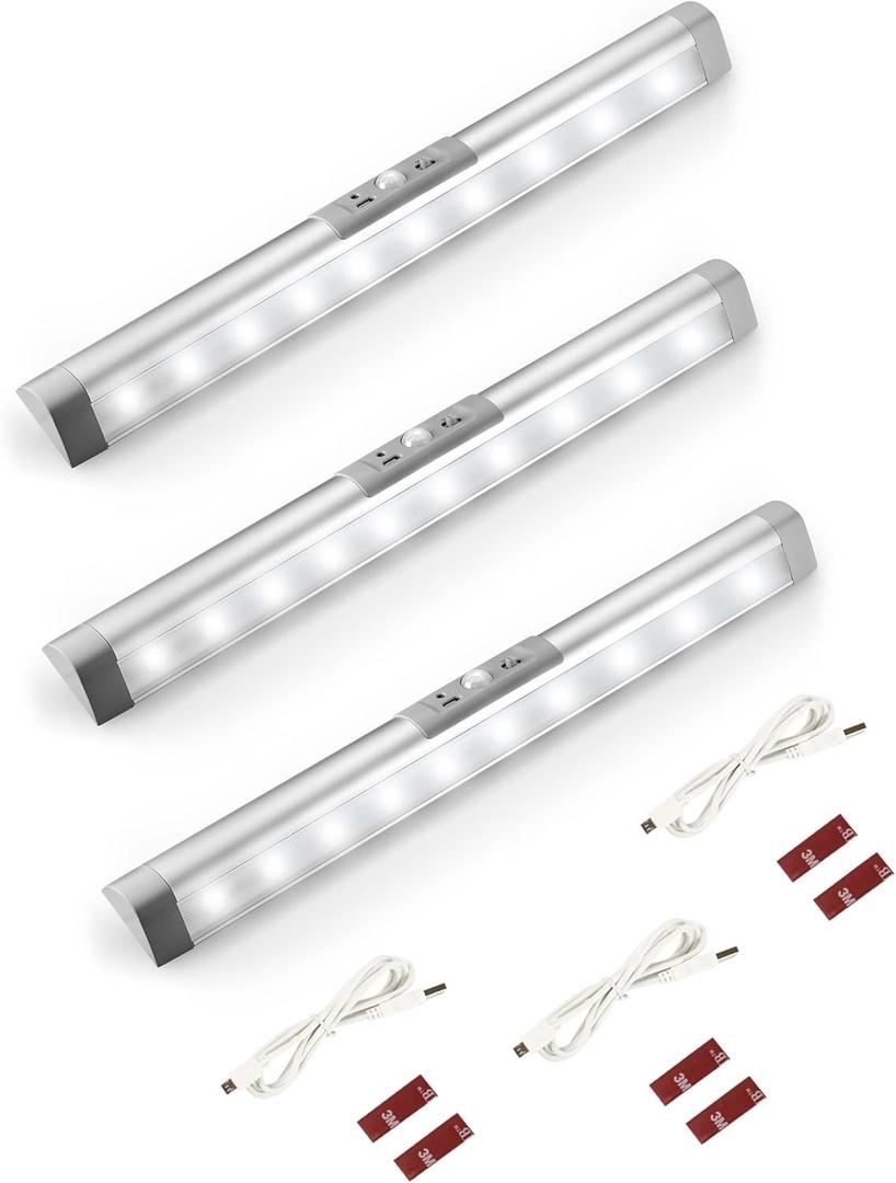 Joyzy 3 Pack Automatic Motion Sensor Closet Lights with Eye-Protection Design, LED Under Cabinet Wireless Lighting, Rechargeable Closet Lightings for Wardrobe Pantry Light