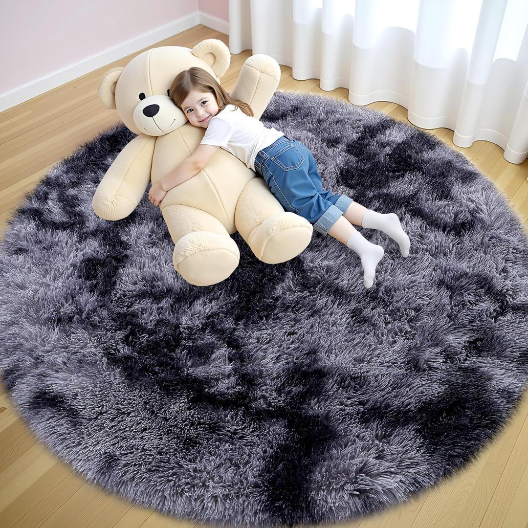 OLANLY Light Grey Tie-dye Round Rugs for Bedroom - Machine Washable, 5x5 Feet Circle Area Rugs for Living Room, Soft and Fluffy Shaggy Carpet for Teen Girls and Boys, Dorms, Home Decor Aesthetic