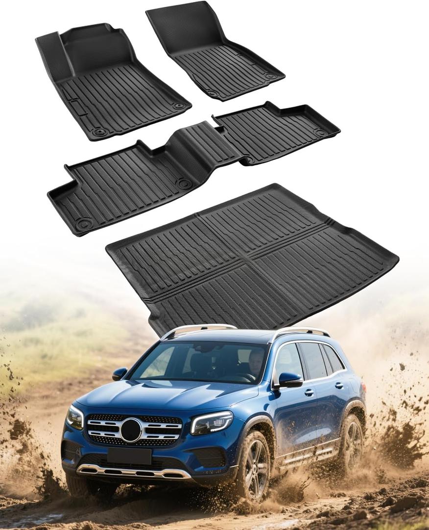 All Weather Floor Mats & Cargo Liner for Mercedes Benz GLB: 2020 2021 2022 2023 2024 2025 (Only for 5 Seats), Custom Fit for Front Second Backseat Row, Heavy Duty Rubber Carpet Black Car Accessories