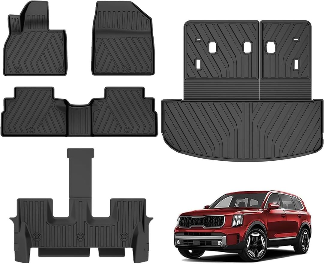 Floor Mats Cargo Mat with Backrest Mat Fit for 2020-2025 Kia Telluride 7&8 Seats - All Weather TPE Floor Liners Cargo Liner Trunk Mat Back Seat Cover Protector for 2024 2025 Telluride Accessories