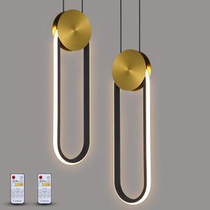 Modern Pendant Lights Fixtures Set of 2, LED Black and Gold Dimmable Pendant Light for Kitchen Island, Small Kitchen Pendant Lighting with RC, Oval Adjustable Hanging Lamp for Dining Room Bar Bathroom (15.35in)