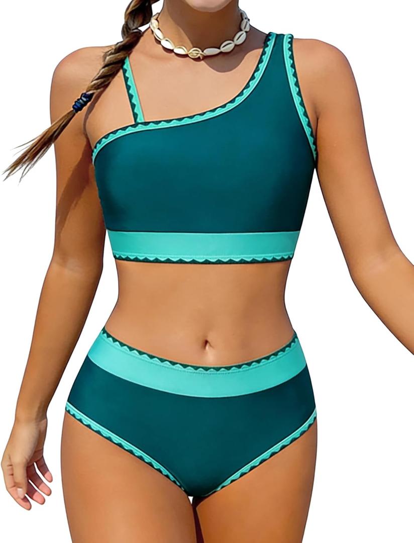 Funnycokid Girls Swimsuit Two Piece Bathing Suit Adjustable Straps Kids Bikini Sets Teens Swimwear 9-16Y (9-10 Years, Darkgreen)